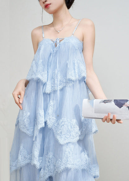 Fine Blue Lace Patchwork Maxi Spaghetti Strap Cake Dress Sleeveless