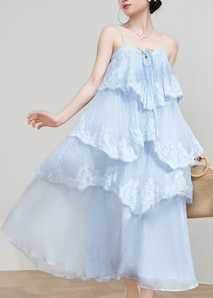 Fine Blue Lace Patchwork Maxi Spaghetti Strap Cake Dress Sleeveless