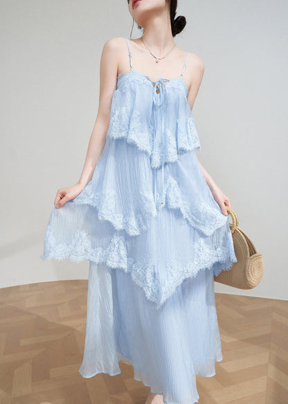 Fine Blue Lace Patchwork Maxi Spaghetti Strap Cake Dress Sleeveless