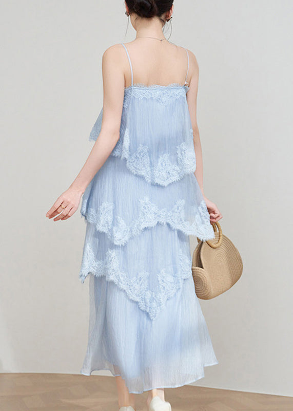 Fine Blue Lace Patchwork Maxi Spaghetti Strap Cake Dress Sleeveless