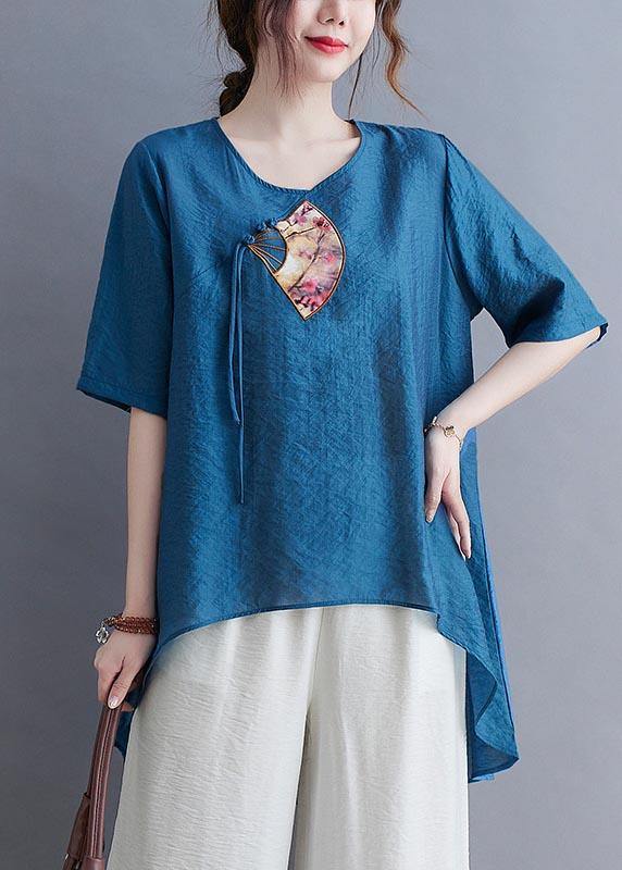 Fine Blue Oriental Cotton Linen Summer Tee - SooLinen