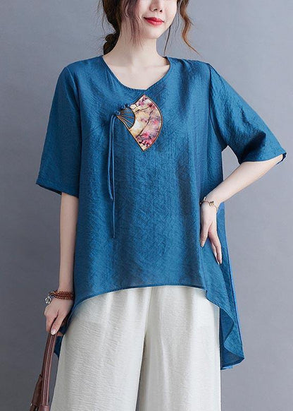 Fine Blue Oriental Cotton Linen Summer Tee - SooLinen