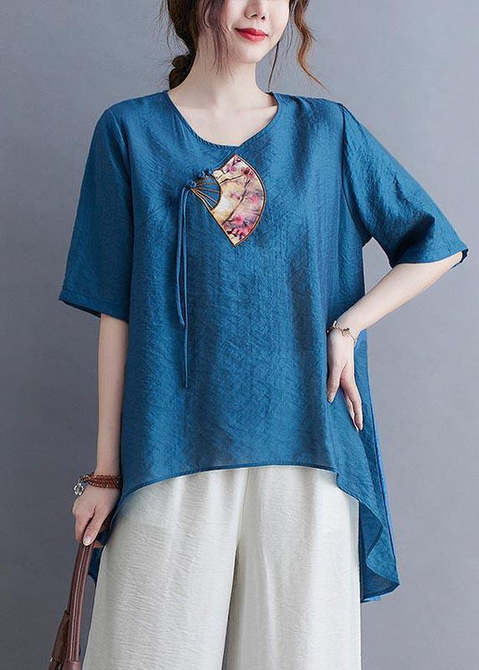 Fine Blue Oriental Cotton Linen Summer Tee - SooLinen