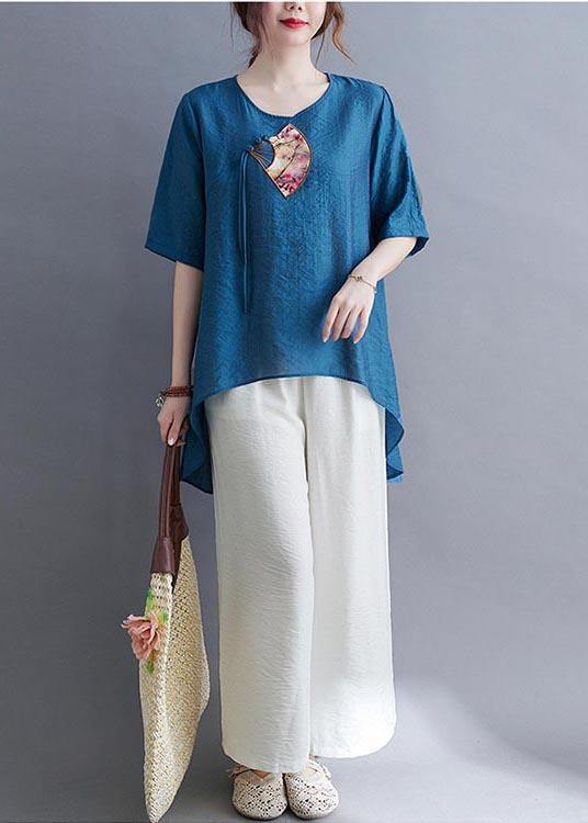 Fine Blue Oriental Cotton Linen Summer Tee - SooLinen