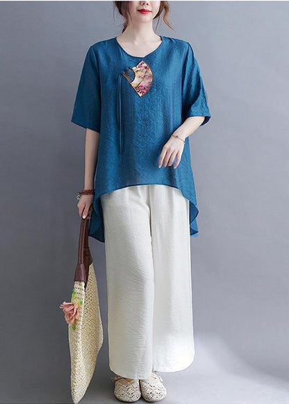 Fine Blue Oriental Cotton Linen Summer Tee - SooLinen