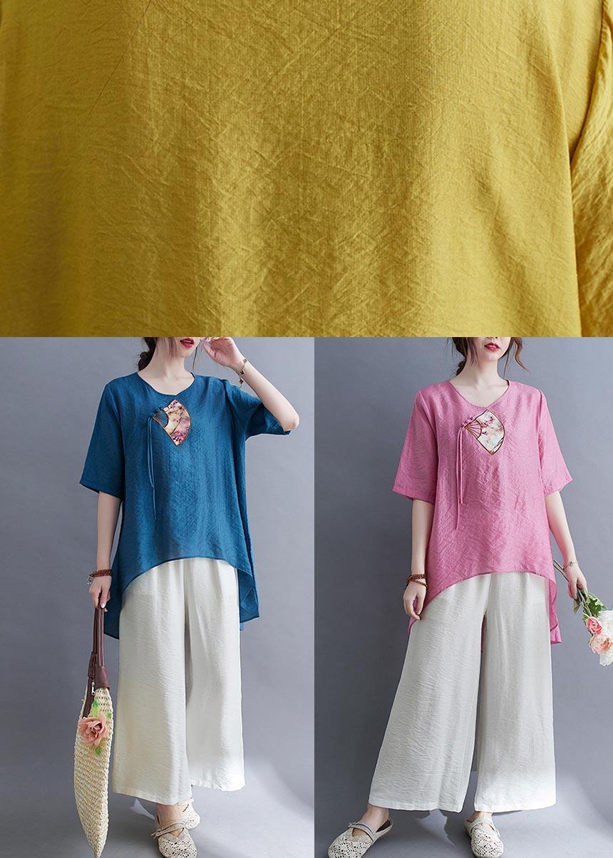 Fine Blue Oriental Cotton Linen Summer Tee - SooLinen