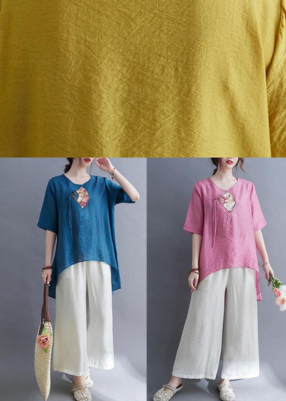Fine Blue Oriental Cotton Linen Summer Tee - SooLinen
