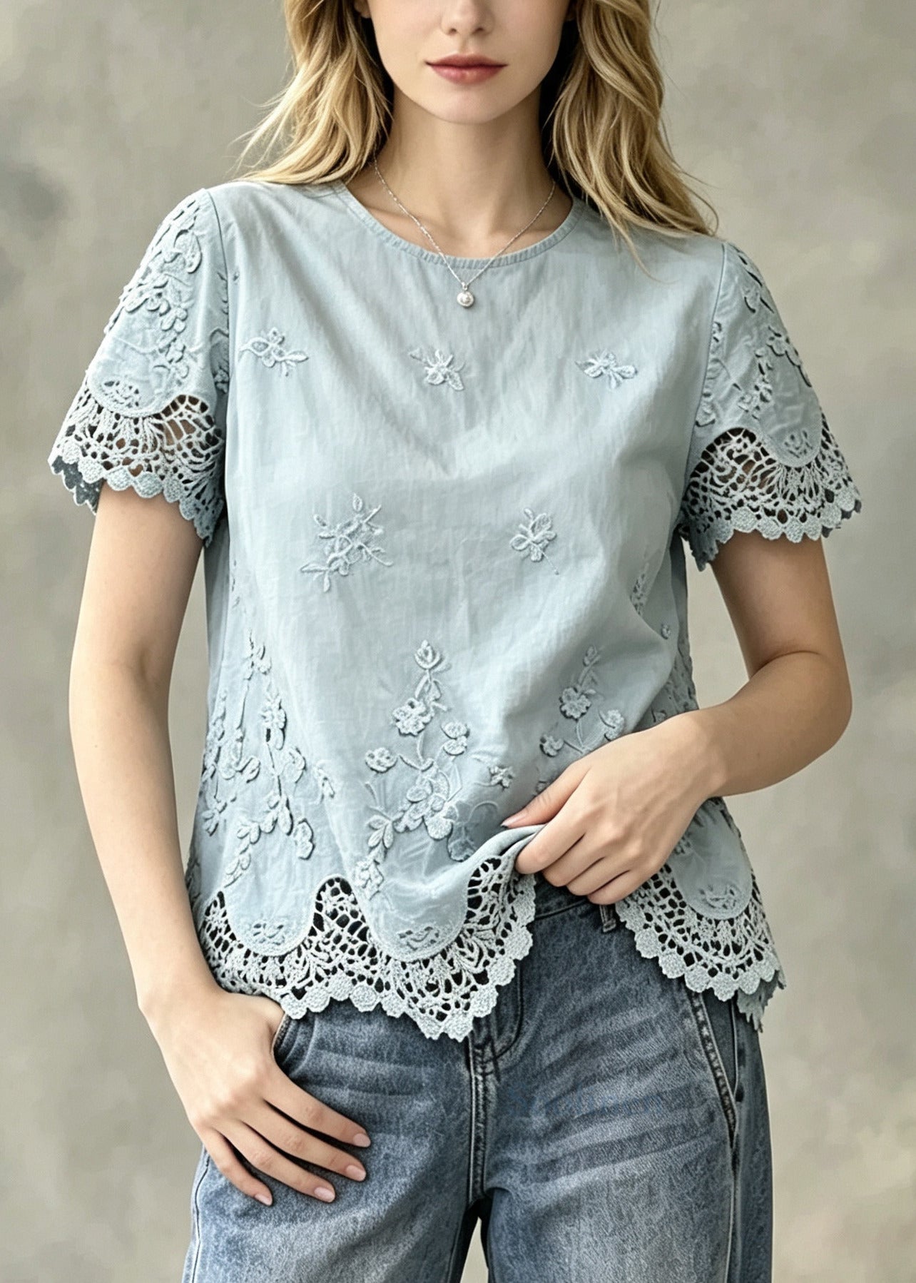 Fine Blue Oversized Patchwork Lace Top Summer