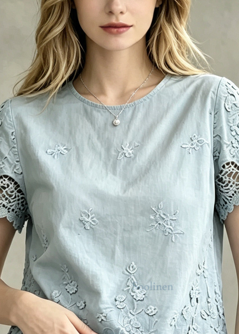 Fine Blue Oversized Patchwork Lace Top Summer