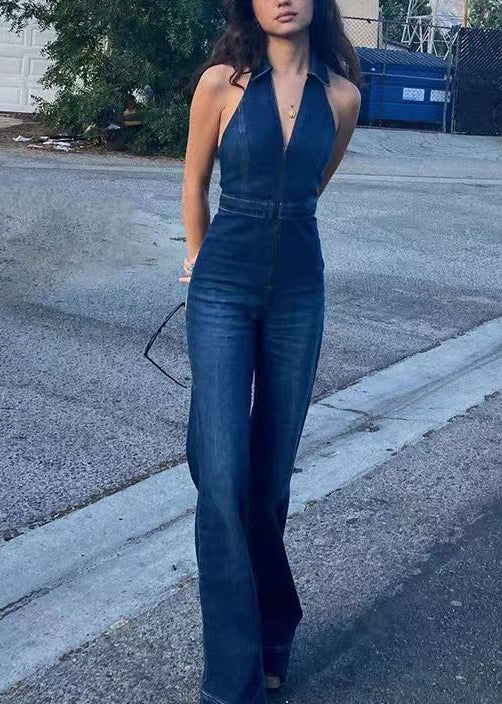 Fine Blue Peter Pan Collar Zippered Denim Jumpsuit Sleeveless