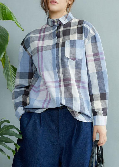 Fine Blue Plaid Print Pockets Button Fall Shirt Long Sleeve - SooLinen