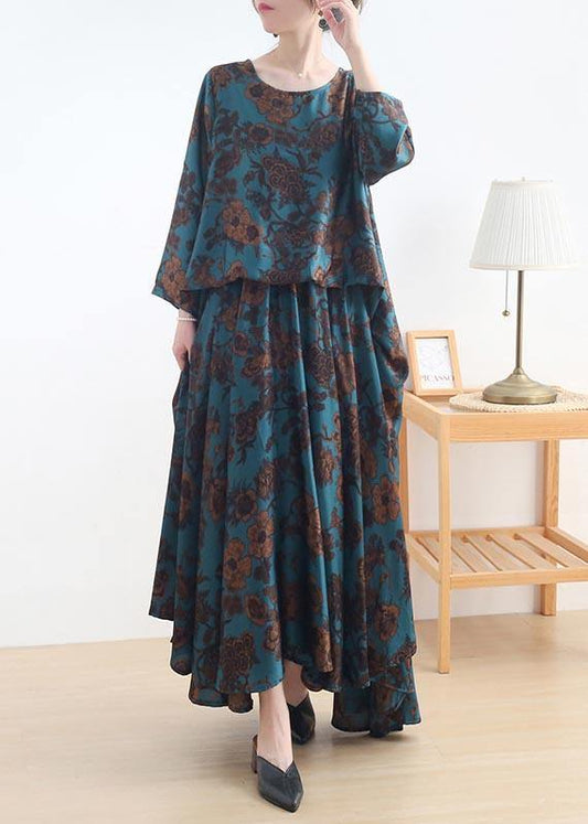 Fine Blue Print Silk asymmetrical design Summer Vacation Dresses - SooLinen