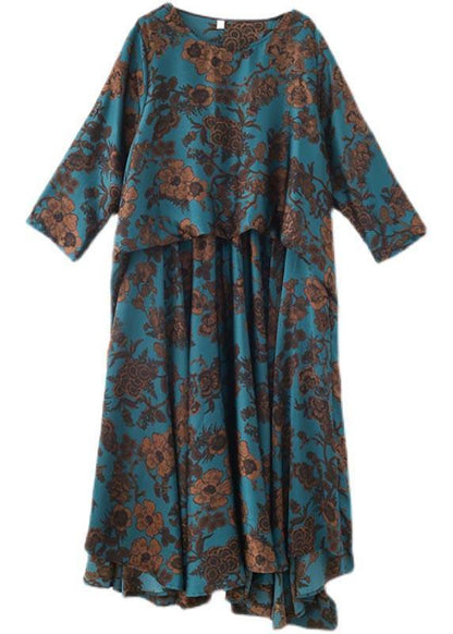 Fine Blue Print Silk asymmetrical design Summer Vacation Dresses - SooLinen