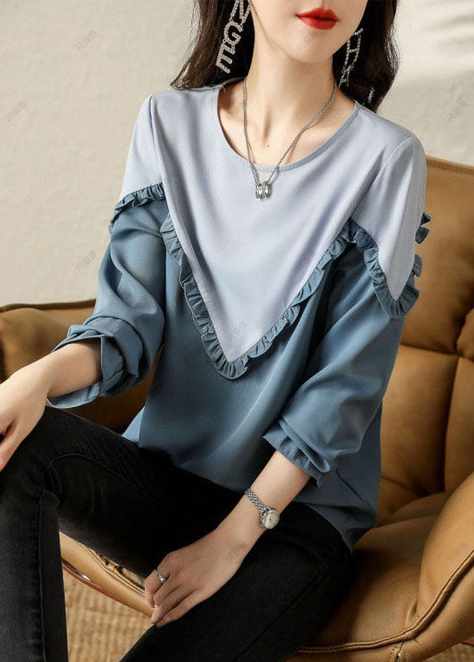 Feine blaue Rüschen Patchwork Baumwollhemden Frühling