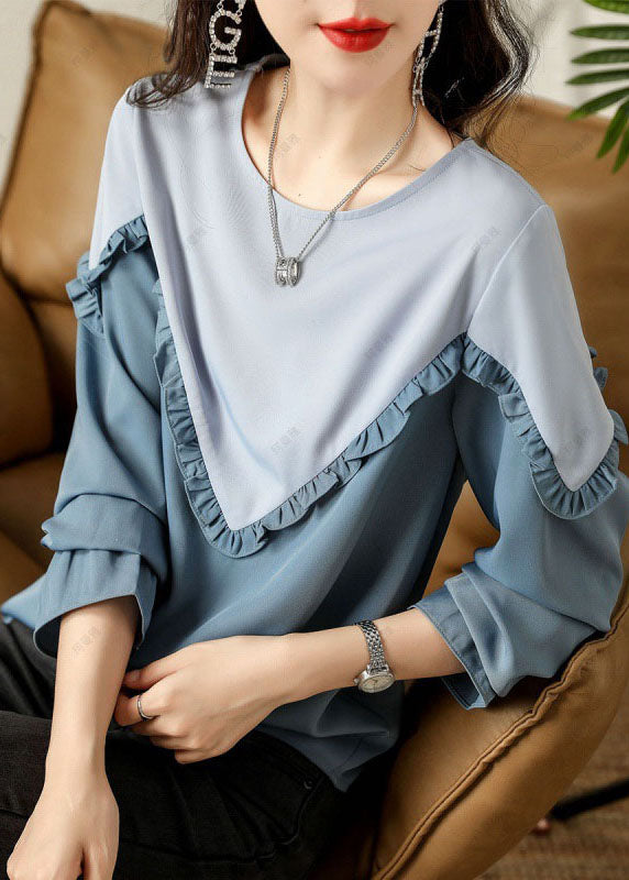 Feine blaue Rüschen Patchwork Baumwollhemden Frühling