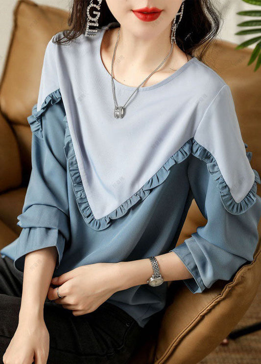 Feine blaue Rüschen Patchwork Baumwollhemden Frühling