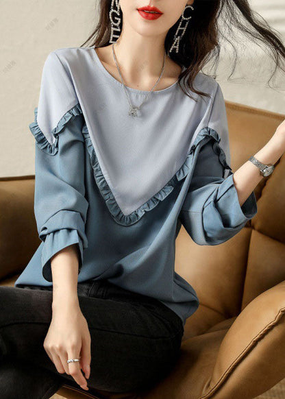 Feine blaue Rüschen Patchwork Baumwollhemden Frühling