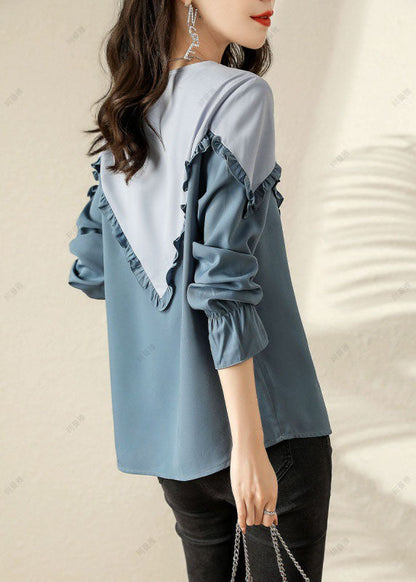 Feine blaue Rüschen Patchwork Baumwollhemden Frühling