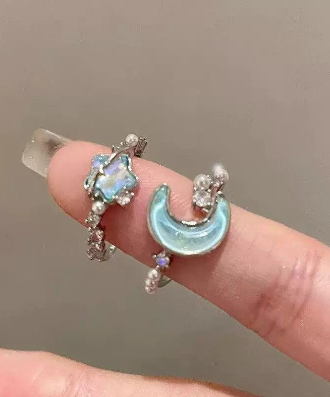 Fine Blue Stainless Steel Zircon Pearl Moon And Star Rings Two-Piece Set
