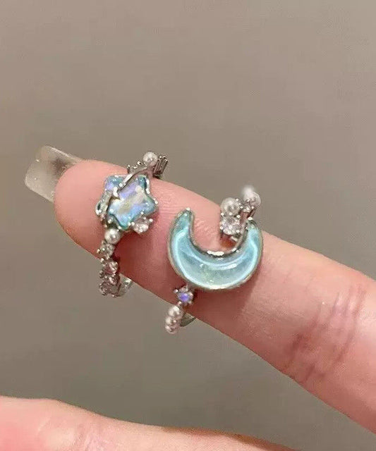 Fine Blue Stainless Steel Zircon Pearl Moon And Star Rings Two-Piece Set