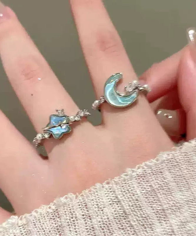 Fine Blue Stainless Steel Zircon Pearl Moon And Star Rings Two-Piece Set