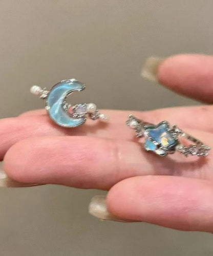 Fine Blue Stainless Steel Zircon Pearl Moon And Star Rings Two-Piece Set