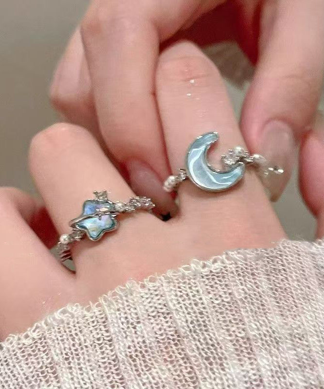 Fine Blue Stainless Steel Zircon Pearl Moon And Star Rings Two-Piece Set