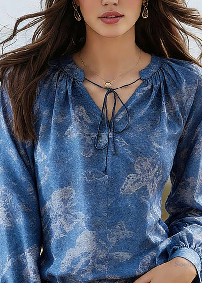 Fine Blue Tie Lace Print Silk Shirt Spring
