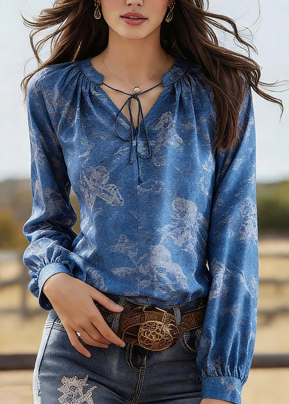 Fine Blue Tie Lace Print Silk Shirt Spring