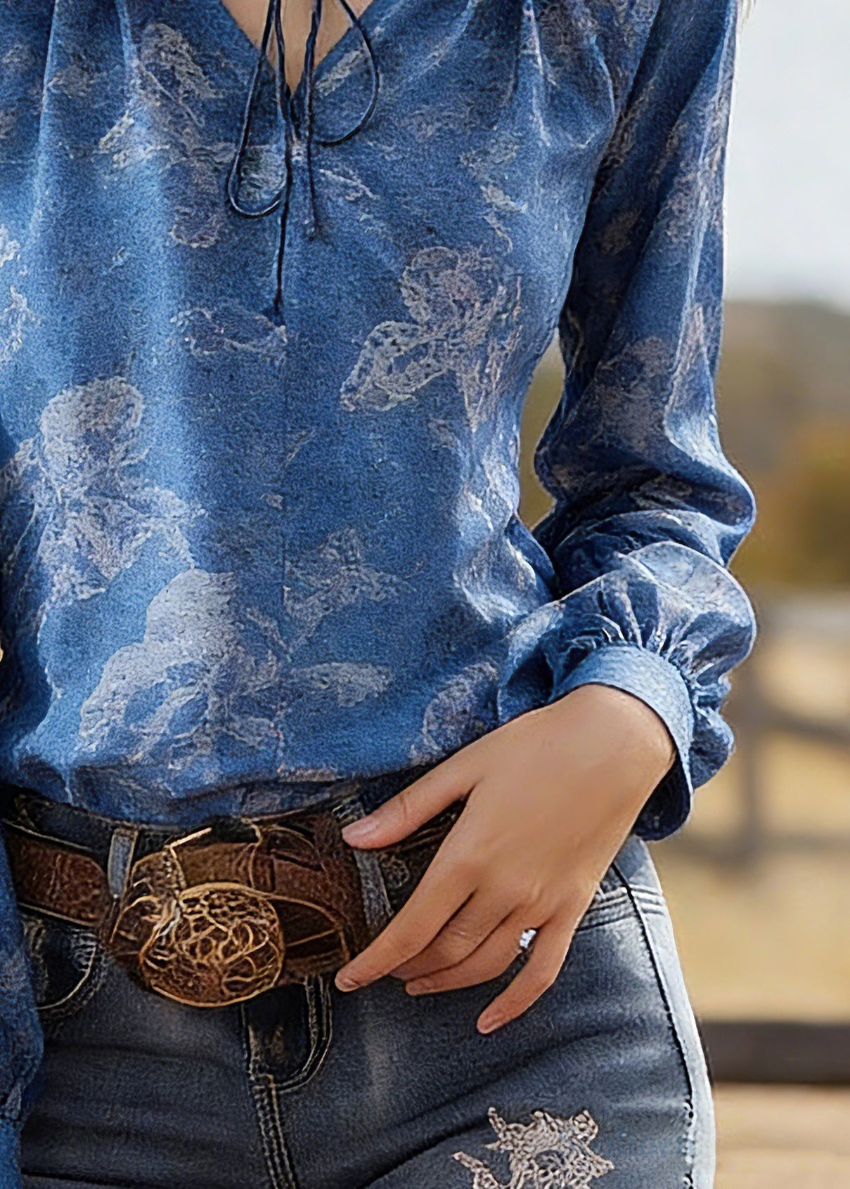 Fine Blue Tie Lace Print Silk Shirt Spring