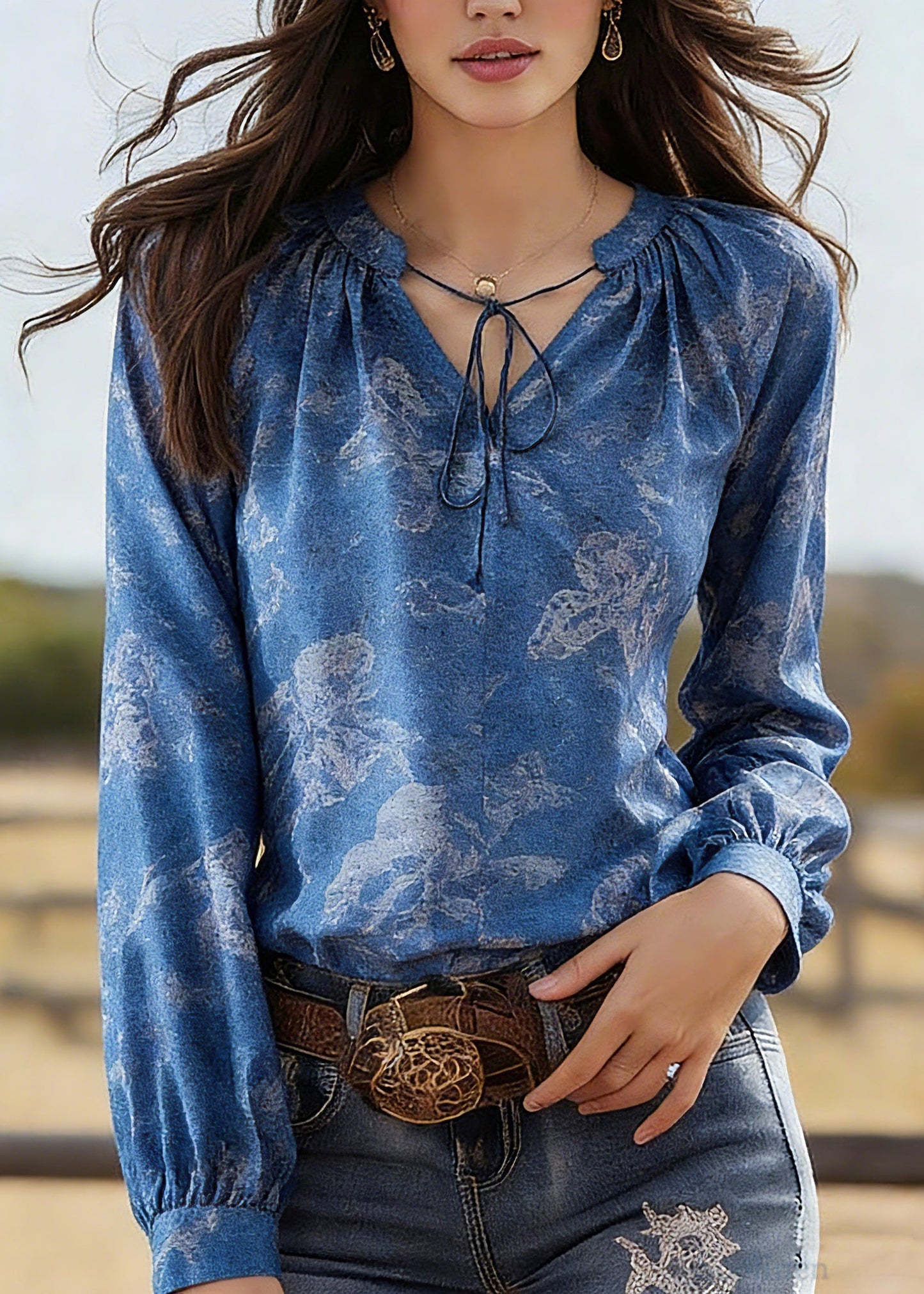 Fine Blue Tie Lace Print Silk Shirt Spring