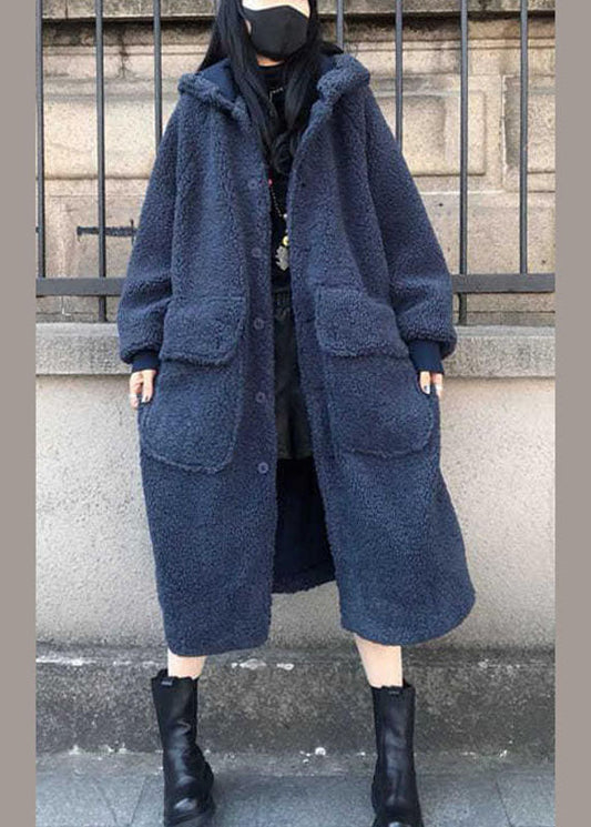 Feine blaue Kapuzen-Trenchcoats mit langen Ärmeln für den Winter