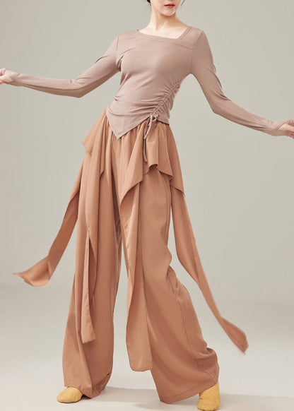 Pantalones rectos de algodón con cintura elástica marrón fino para primavera