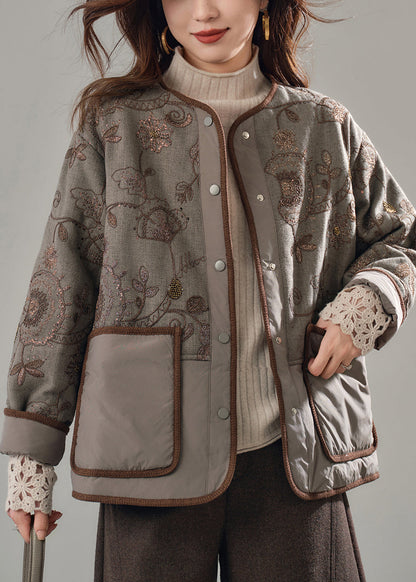 Fine Brown Embroidered Patchwork Pockets Fine Cotton Filled Jackets Winter