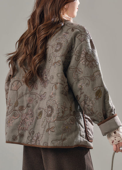 Fine Brown Embroidered Patchwork Pockets Fine Cotton Filled Jackets Winter