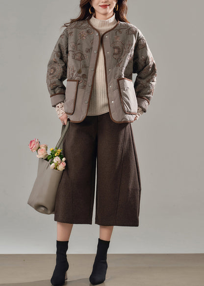 Fine Brown Embroidered Patchwork Pockets Fine Cotton Filled Jackets Winter