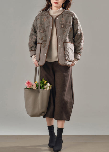 Fine Brown Embroidered Patchwork Pockets Fine Cotton Filled Jackets Winter