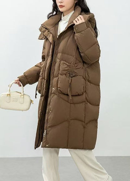 Fine Brown Hooded Wrinkled Duck Down Puffer Jacket Winter