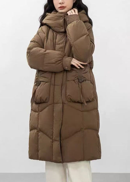 Fine Brown Hooded Wrinkled Duck Down Puffer Jacket Winter