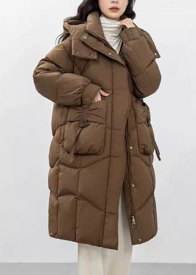 Fine Brown Hooded Wrinkled Duck Down Puffer Jacket Winter