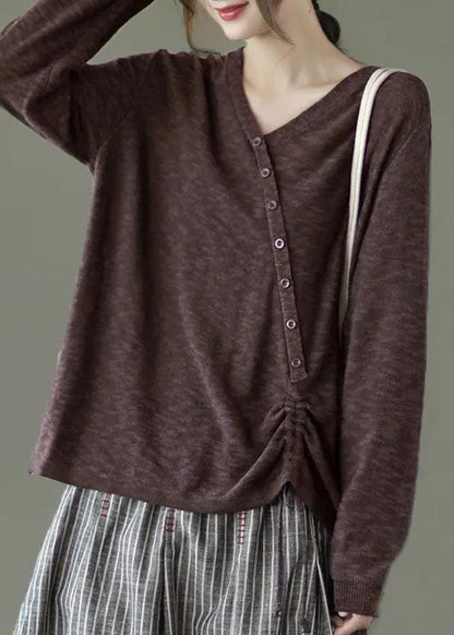 Feine braune Winterpullover mit V-Ausschnitt und Knopfleiste