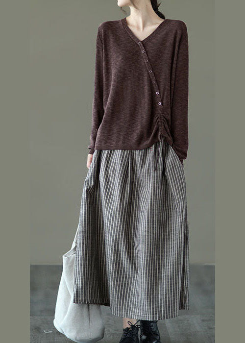 Feine braune Winterpullover mit V-Ausschnitt und Knopfleiste