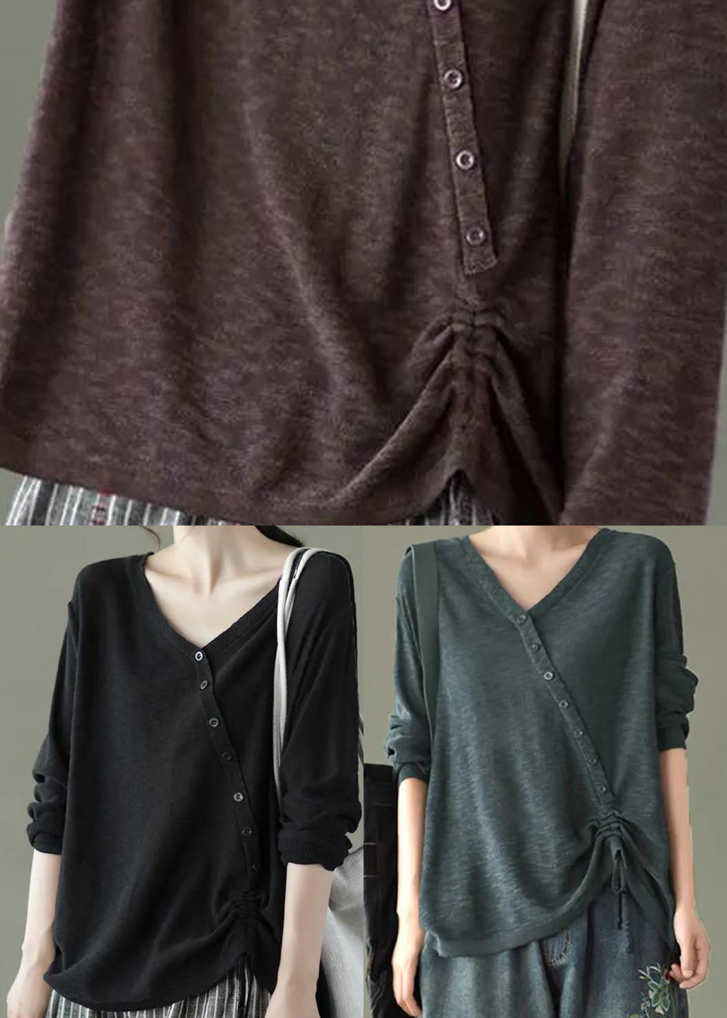 Feine braune Winterpullover mit V-Ausschnitt und Knopfleiste