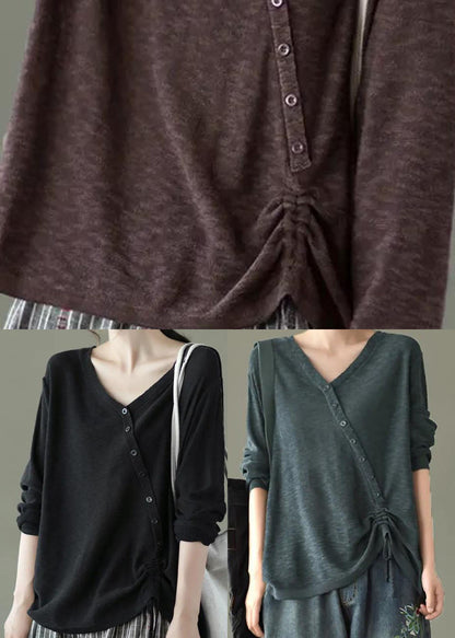 Feine braune Winterpullover mit V-Ausschnitt und Knopfleiste