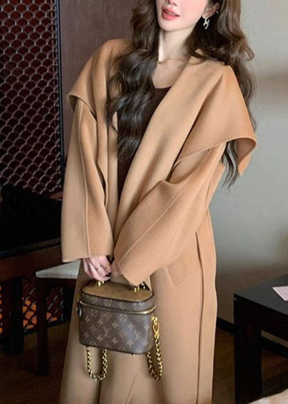 Fine Camel Peter Pan Collar Solid Maxi Woolen Coats Fall