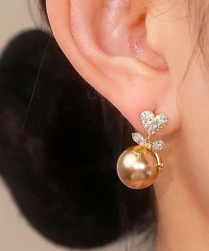 Pendientes colgantes de aleación de cobre y champán con circonitas y perlas