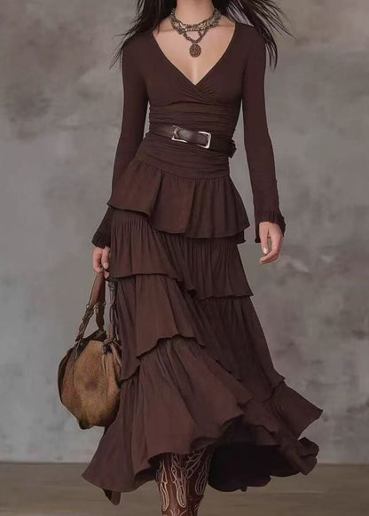 Fine Chocolate V Neck Layered Maxi Dress Long Sleeve