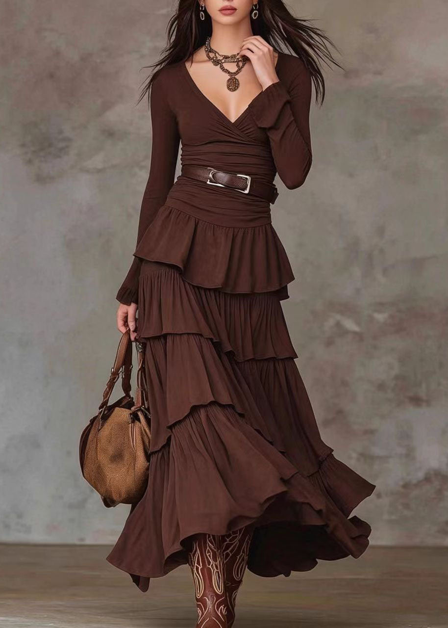 Fine Chocolate V Neck Layered Maxi Dress Long Sleeve