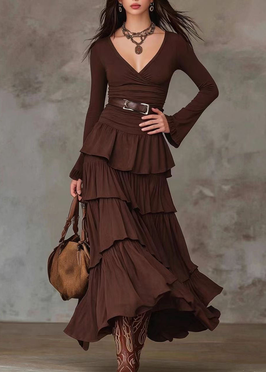 Fine Chocolate V Neck Layered Maxi Dress Long Sleeve