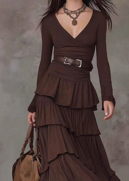 Fine Chocolate V Neck Layered Maxi Dress Long Sleeve